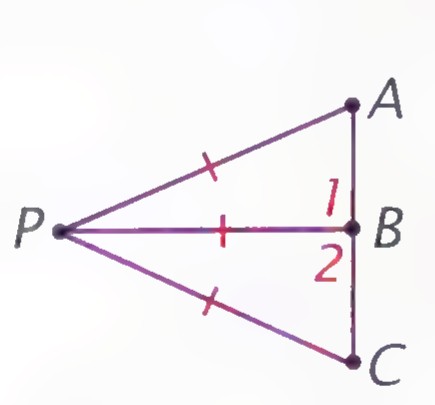 The same configuration drawn with the angles exaggerated: segments PA, PB, PC with angles 1 and 2 marked at B.