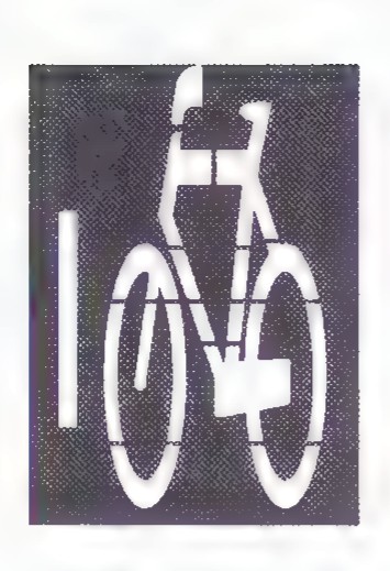 Black-and-white symbol of an automobile seen from behind with a bicycle painted across it.