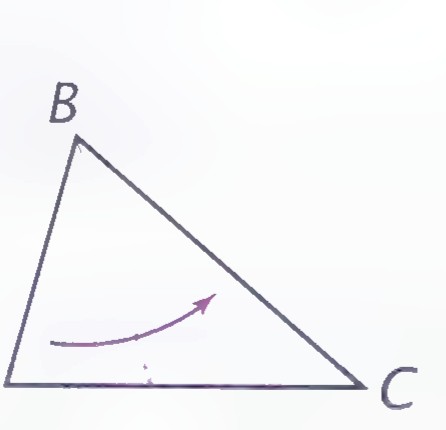 The same triangle with side AB folded over onto side BC, an arrow showing the fold.