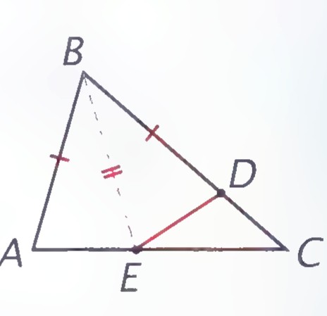 Triangle ABC with point E on AC and point D on BC; BE is drawn, with angle marks showing BE bisects angle ABC, and ED is drawn.