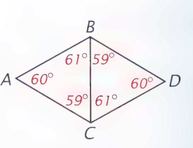 Quadrilateral ABCD made of two triangles sharing side BC, with angles labeled 61°, 59°, 60° at A and B and 59°, 61°, 60° at C and D.