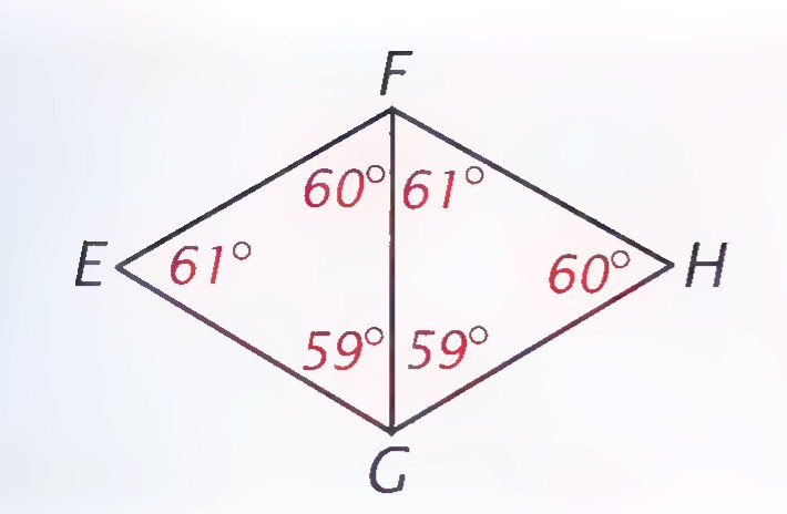 Quadrilateral EFGH made of two triangles sharing side FG, with angles labeled 60° and 61° at F, 61° and 60° at E and H, and 59° at G.