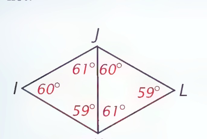 Quadrilateral IJKL made of two triangles sharing side JK, with angles labeled 61° and 60° at J, 60° at I, and 59° at L and K.