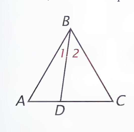 Equilateral triangle ABC with point D on side AC and segment BD drawn, forming angles 1 and 2 at B.