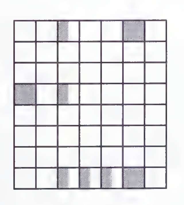 A square grid of small cells in which certain cells are shaded, forming a coded message.