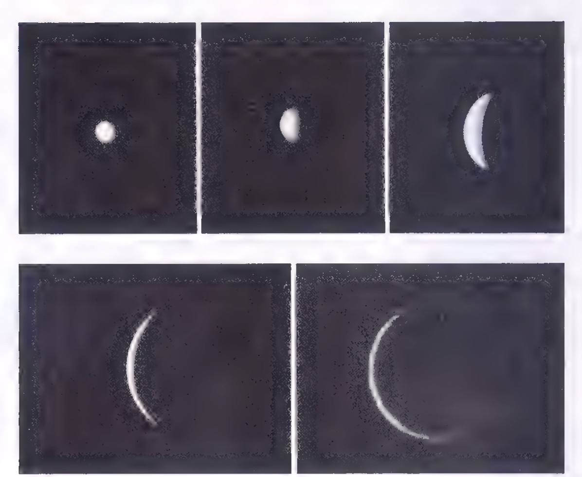 Five photographs of Venus at the same scale, showing its phases from a small full disc through crescent stages to a large thin crescent.