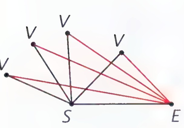 Sun S and Earth E with several positions of Venus labeled V; red lines join each V to S and to E, forming thin triangles of different shapes.