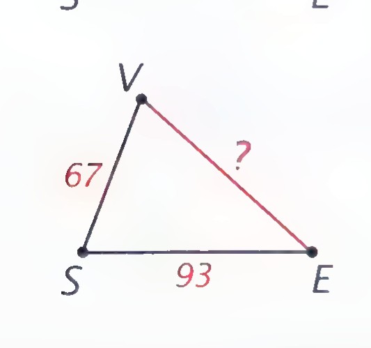 Triangle SEV with side SV labeled 67, side SE labeled 93, and side VE marked with a question mark.