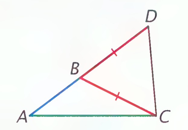 Second stage: point D chosen beyond B on line AB so that BD = BC, with B between A and D.