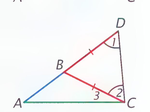 Third stage: CD drawn, forming isosceles triangle BCD with equal sides BC and BD and angles 1 and 2 marked equal.
