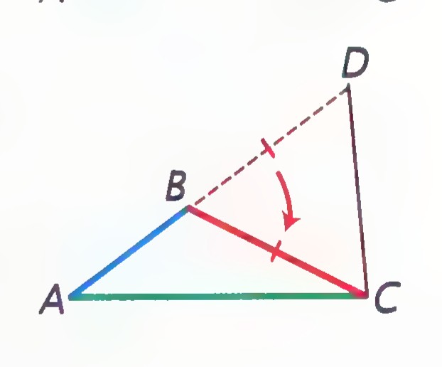 Fifth stage: the proof completed, with the colored side AB plus BD compared with AC and the equal angles marked.