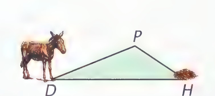 A donkey at point D and a pile of hay at point H, with a third point P above them; the triangular path DPH is drawn.