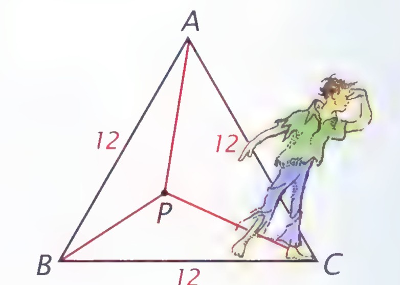 Equilateral triangle ABC with sides labeled 12, a point P inside it joined to A, B, and C, and a man standing at the side.