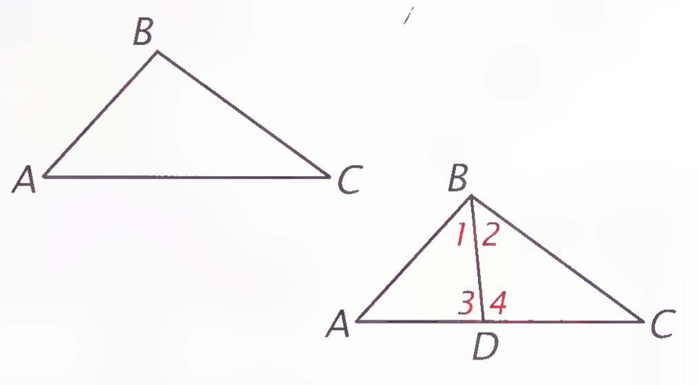 Two triangles: at the left triangle ABC; at the right the same triangle with segment BD drawn, bisecting angle ABC and meeting AC at D, with angles 1, 2, 3, and 4 marked.
