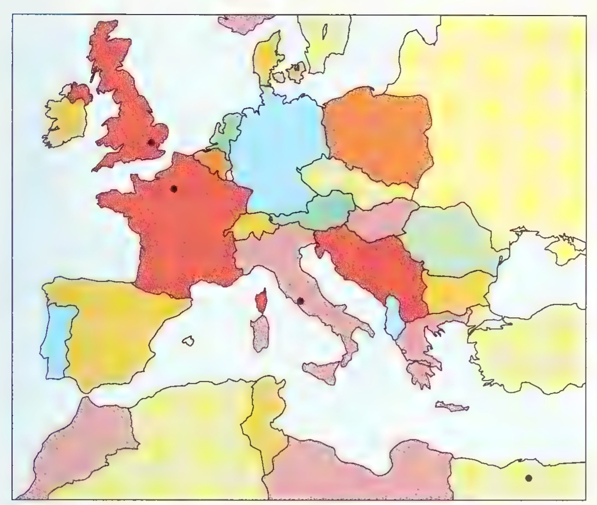 Colored map of Europe and the Mediterranean, with a black dot marking London, one marking Rome, and one marking Cairo.