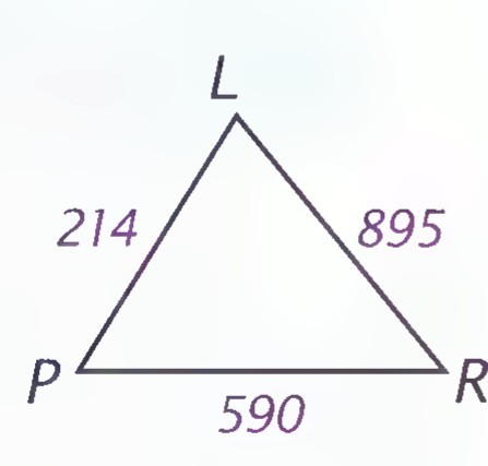 Triangle LPR with L at the top, P at the lower left, and R at the lower right; LP = 214, LR = 895, and PR = 590.