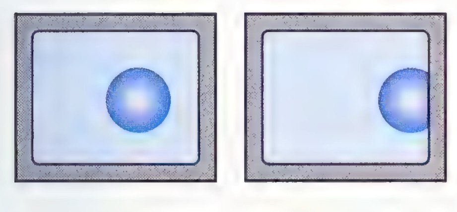 Two views of a stereoscopic screen with a grid: in the left panel the ball is centered, in the right panel it has moved to the right.