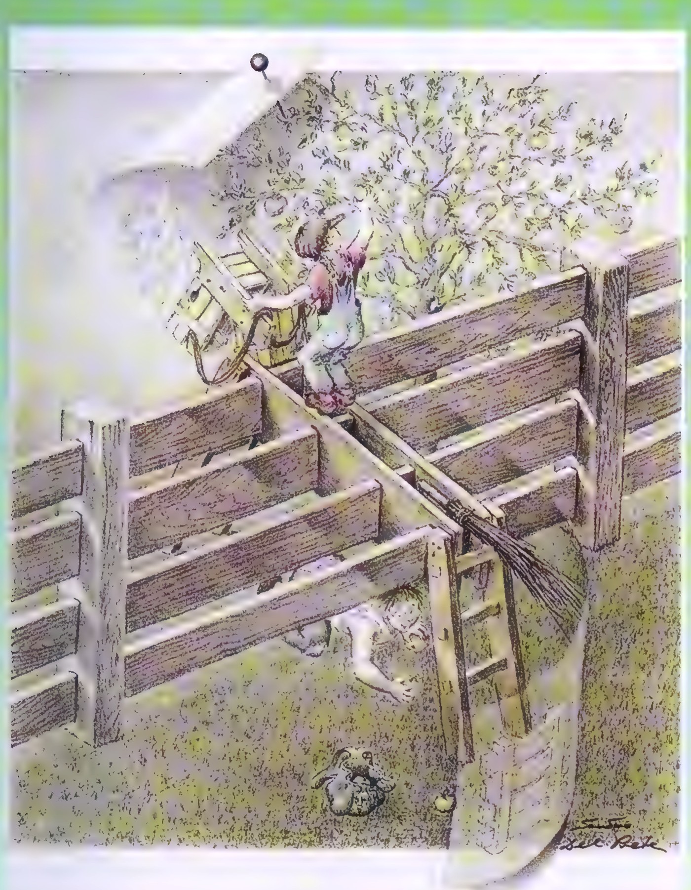 Cartoon of a man hammering boards onto a wooden fence while a second man climbs a ladder behind him; a bucket sits on the ground below.