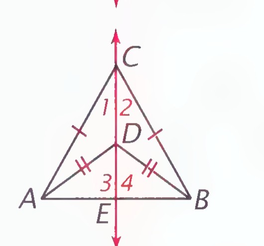 The same figure with C and D on the same side of AB: triangle ABC with D inside, CD drawn to E on AB, and equal-angle marks at C, D, and E.