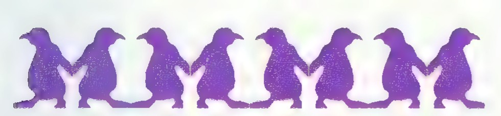 A chain of eight purple paper penguins standing wing to wing.