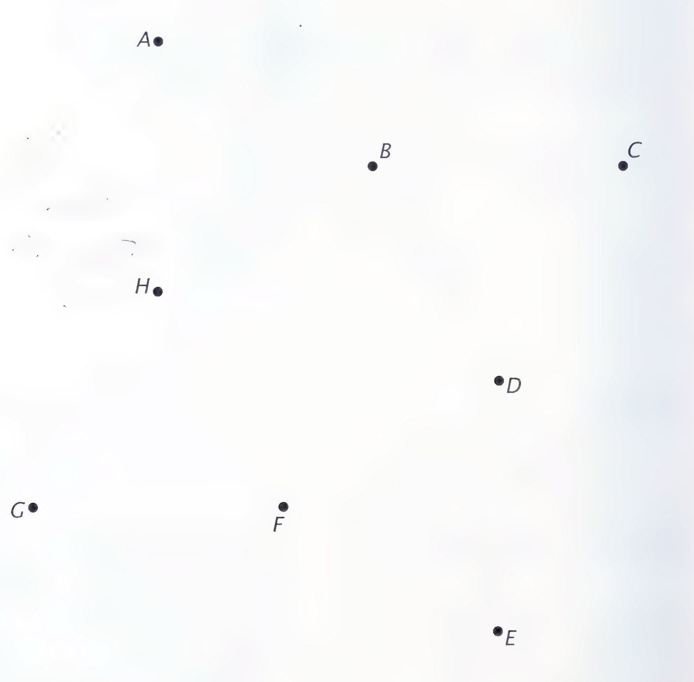 Eight labeled dots scattered across the page: A and H on the left, B and C across the upper right, G and F in the lower middle, and D and E down the right side.