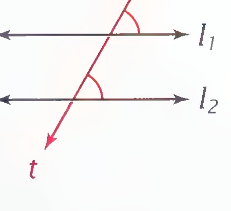 Two horizontal lines l₁ and l₂ crossed by a slanted transversal t, with one pair of corresponding angles marked equal.