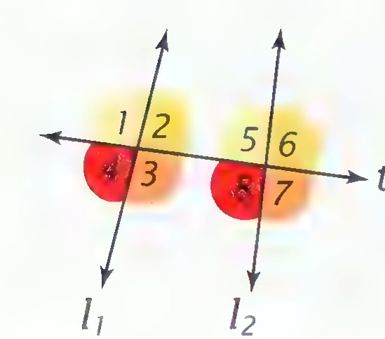 Two lines l₁ and l₂ crossed by transversal t, with angles 1, 2, 5, and 6 shaded as corresponding angles.