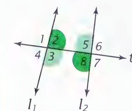 The same figure with angles 2 and 8 shaded as alternate interior angles.