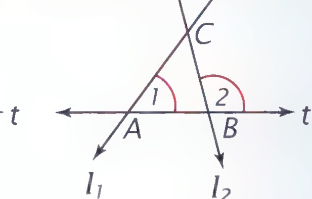 The same figure with the lines extended to meet at point C, forming triangle ABC.