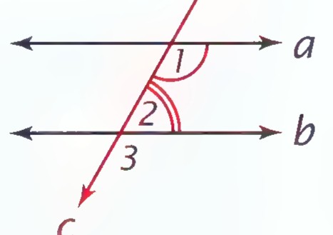 Parallel lines a and b crossed by transversal c, with angles 1, 2, and 3 marked.