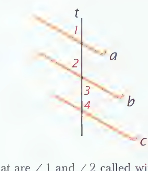 Three slanted lines a, b, c crossed by a vertical line t, with angles 1, 2, 3, and 4 marked.