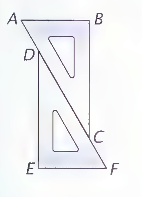 Two identical 45° drafting triangles overlapping: the first has vertices A, B, E, F, and the second has vertices D and C, with D and C on the diagonal AF.