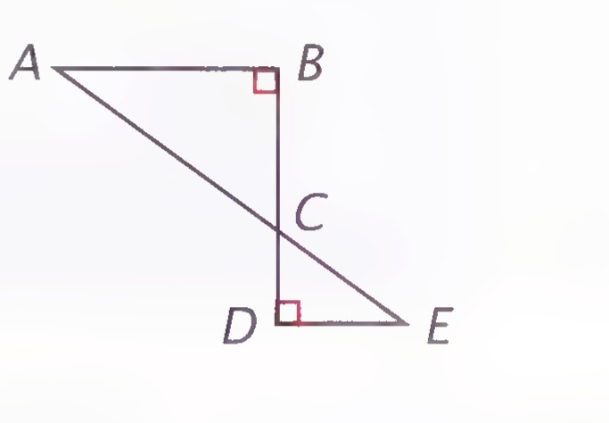 Segment AB perpendicular to vertical segment BC, and segment DE perpendicular to BC extended at C, with A and E joined by a diagonal through C.
