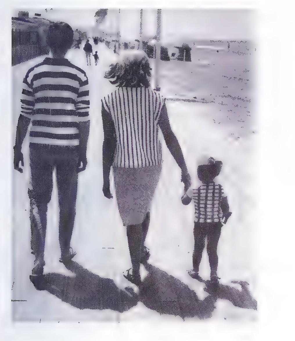 Photograph of three people walking away from the camera on a paved surface, their long parallel shadows stretching to the left.