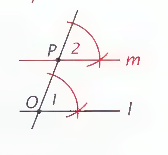 Angle 1 copied at P as angle 2, giving line m parallel to l.