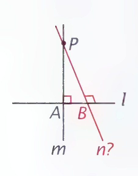 Line m through P perpendicular to line l at A, with a second line n through P meeting l at B, forming triangle PAB with a right angle marked at A.