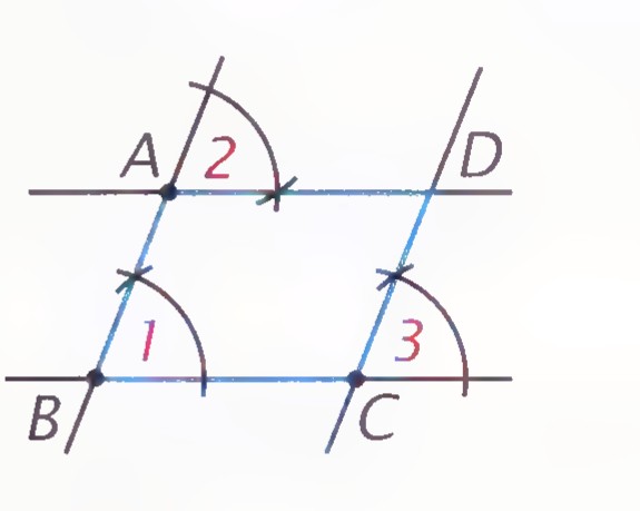 Two intersecting lines through A and C, with points B and D marked; angle 1 at B equals angle 2 at A, and angle 3 at C is marked.