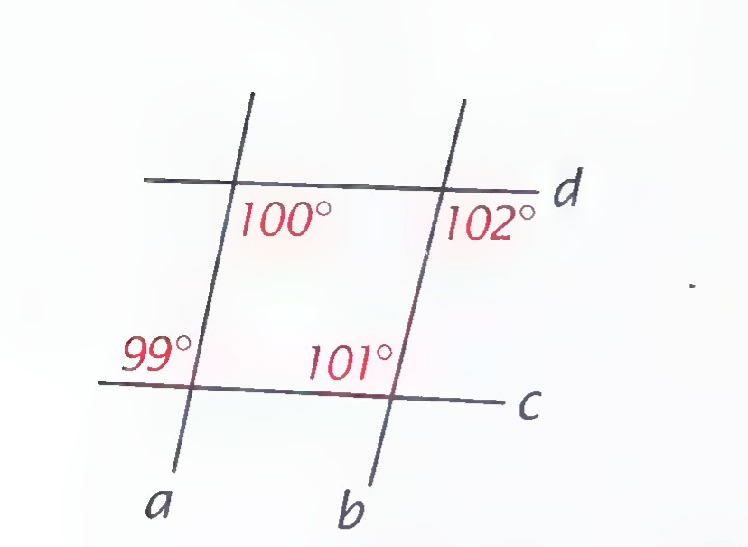 Four lines a, b, c, d crossing one another, with angles 100°, 102°, 99°, and 101° marked at the intersections.