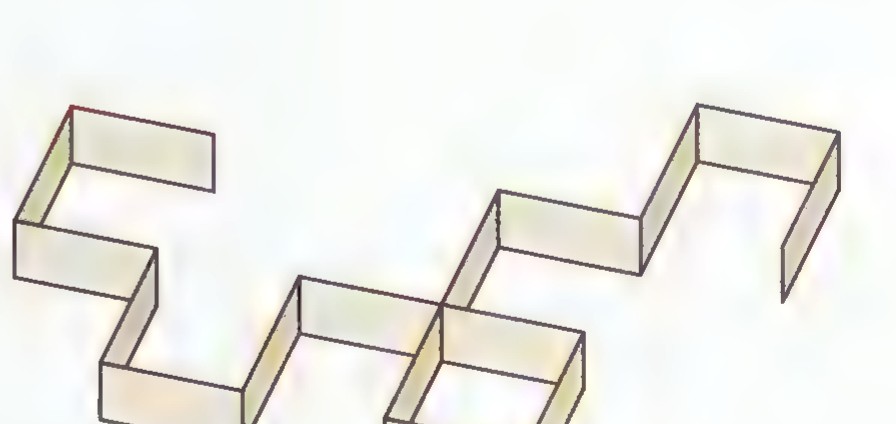 A folded paper strip twisted into a staircase pattern of right-angled turns, seen from an angle.