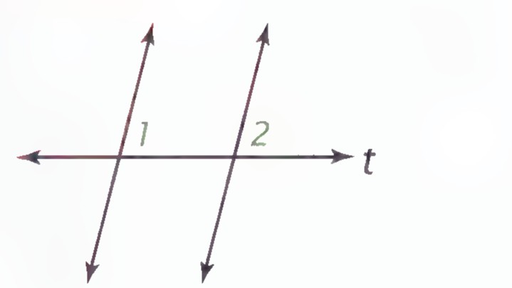 Lines l₁ and l₂ crossed by transversal t, with angles 1 and 2 marked at the upper and lower intersections.