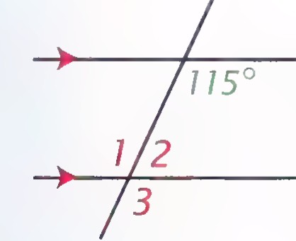 Two horizontal parallel lines crossed by a transversal, with the angle 115° at the top and angles 1, 2, and 3 near the lower intersection.
