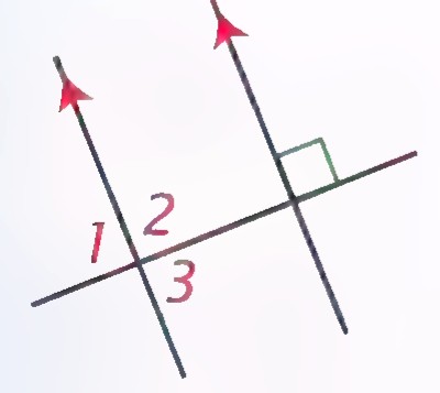 Two slanted parallel lines crossed by a second transversal, with angles 1, 2, and 3 and a right angle marked.