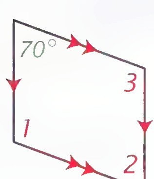 A four-sided figure with arrowheads on its sides, an angle of 70° at the top left, and angles 1, 2, and 3 at the other corners.