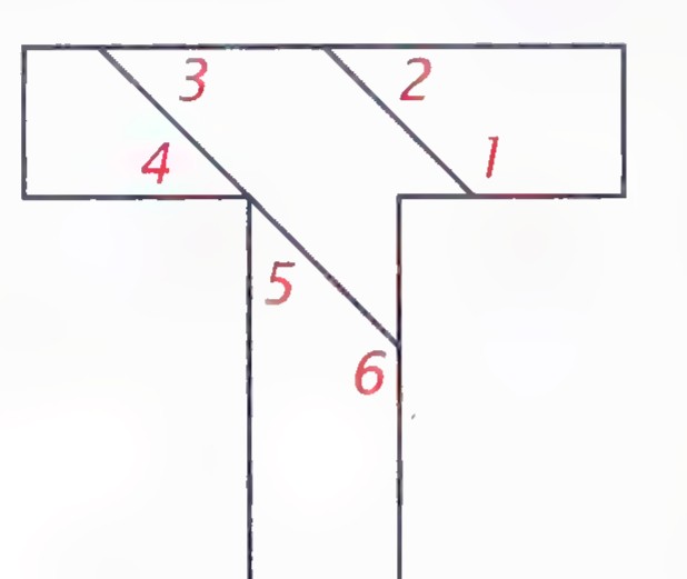 Outline of the T puzzle with angles 1 through 6 marked at the corners and at the slanted cuts.