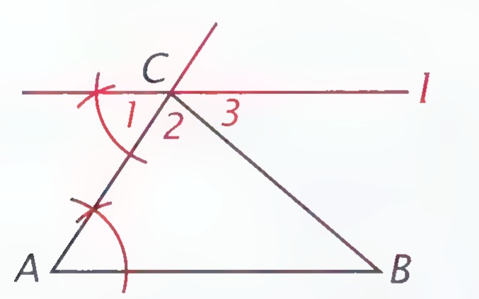 Triangle ABC with line l drawn through C parallel to AB; angles 1, 2, and 3 are marked at C, and angle A is marked at A.