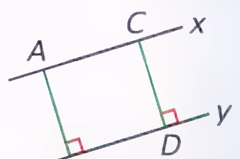 Parallel lines x and y joined by segments AB and CD, each marked with a right angle where it meets y.