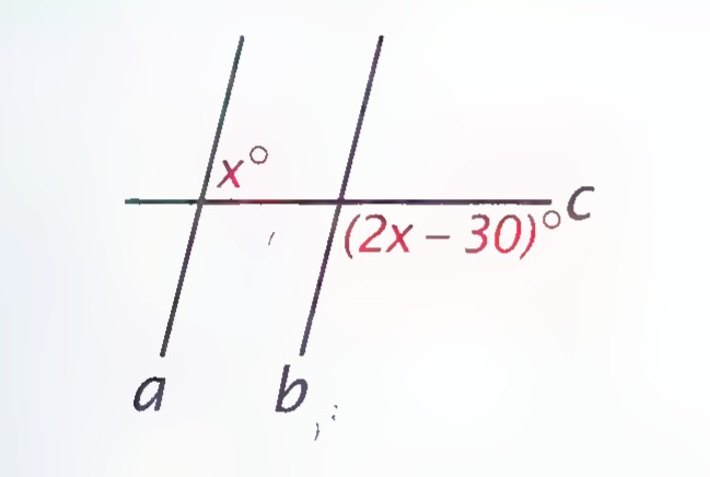 Parallel lines a and b crossed by two transversals; the angle between them at the upper intersection is x° and the angle at the lower intersection is (2x − 30)°.