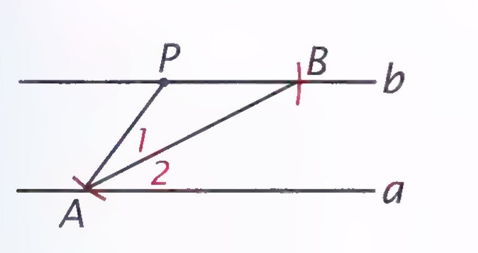 Parallel lines b (top) and a (bottom) joined by segment AP, with point B on b to the right of P and angles 1 at P and 2 at A marked.