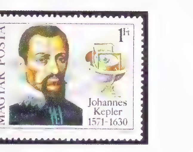 Hungarian postage stamp honoring Johannes Kepler, showing his portrait beside a diagram of the planets’ orbits, with the dates 1571–1630.
