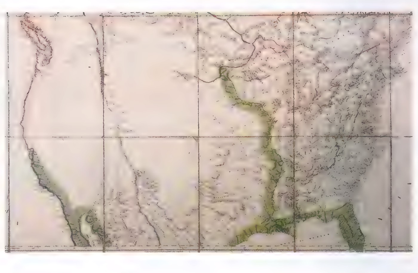 Reproduction of a map of the United States drawn in 1802, showing the country east of the Mississippi in detail and the unexplored West largely blank.